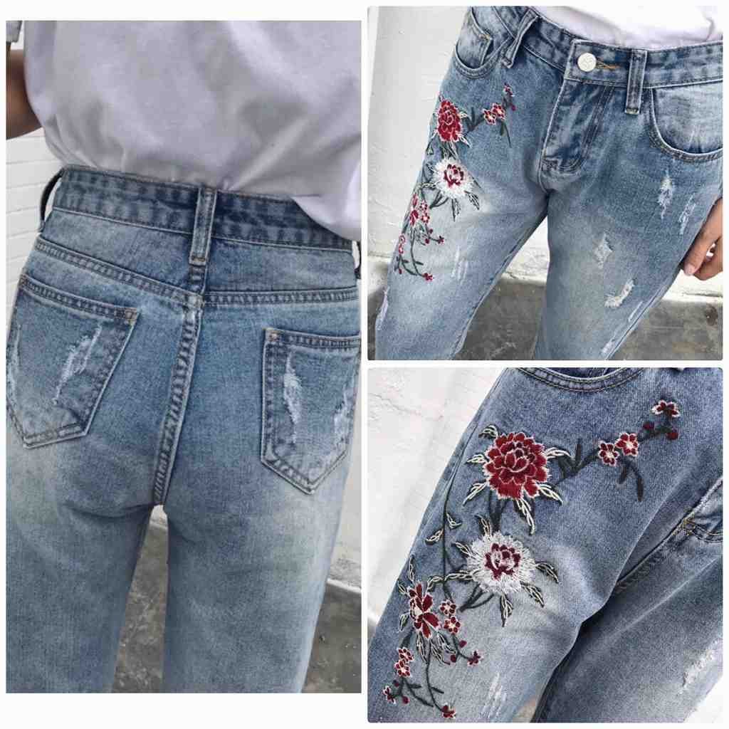 レディース　刺繍　花柄　ハイウエスト　デニム　ハイブリーチ　ウォッシュ　アンクル丈　ジーンズ　ジーパン　ワイド　パンツ　ボトムス　美脚　脚長　美シルエット　人気　女性　大人　カジュアル　おしゃれ　ファッション　ブルー　S　M　L　XL　サイズ　送料無料