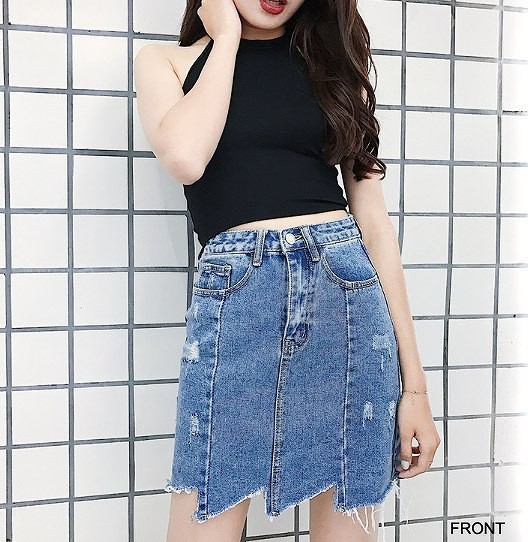 レディース　スカート　デニム　タイト　アシンメトリー　切りっぱなし　カットオフ　フレイドヘム　ダメージ　ミニスカート　カジュアル　フェミニン　キュート　可愛い　おしゃれ　普段着　リゾート　夏　送料無料