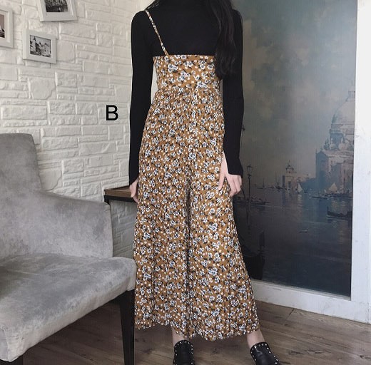 レディース　ボトムス　オールインワン　サロペット　ワイドパンツ　ガウチョパンツ　花柄　カジュアル　フェミニン　キュート　可愛い　おしゃれ　セクシー　普段着　ブラック　ベージュ　送料無料