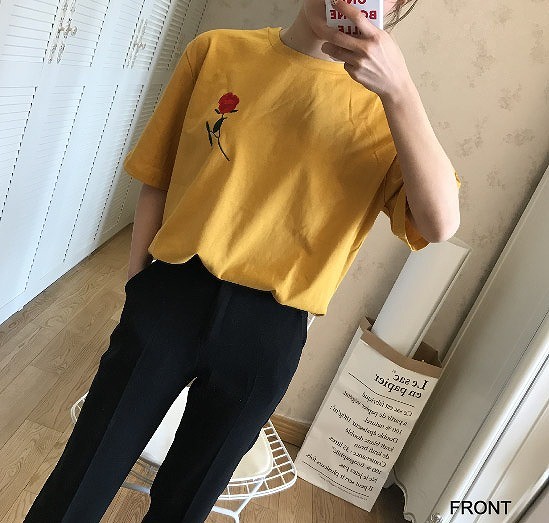 レディース　トップス　Tシャツ　カットソー　半袖　綿　コットン　シンプル　バラ　花柄　刺繍　ゆったり　カジュアル　大人可愛い　フェミニン　デート　お出かけ　普段着　イエロー　送料無料