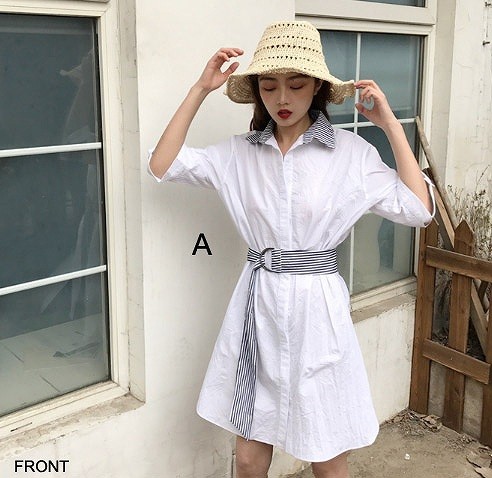 レディース　ワンピース　シャツ　5分袖　膝上　ストライプ　ベルト付　春　夏　カジュアル　フェミニン　キュート　可愛い　おしゃれ　セクシー　普段着　通勤　無地　ベージュ　ホワイト　送料無料