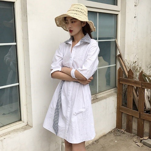 レディース　ワンピース　シャツ　5分袖　膝上　ストライプ　ベルト付　春　夏　カジュアル　フェミニン　キュート　可愛い　おしゃれ　セクシー　普段着　通勤　無地　ベージュ　ホワイト　送料無料