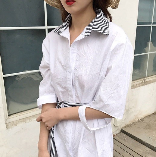 レディース　ワンピース　シャツ　5分袖　膝上　ストライプ　ベルト付　春　夏　カジュアル　フェミニン　キュート　可愛い　おしゃれ　セクシー　普段着　通勤　無地　ベージュ　ホワイト　送料無料