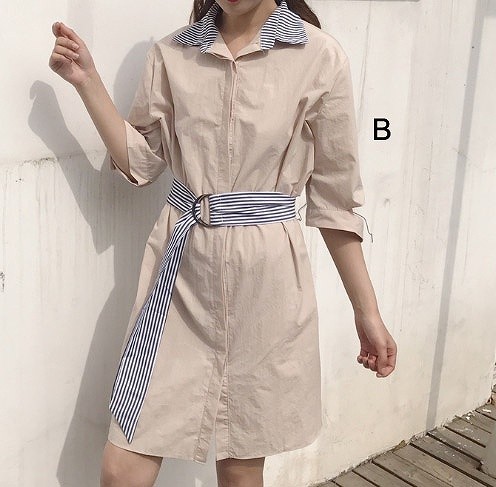 レディース　ワンピース　シャツ　5分袖　膝上　ストライプ　ベルト付　春　夏　カジュアル　フェミニン　キュート　可愛い　おしゃれ　セクシー　普段着　通勤　無地　ベージュ　ホワイト　送料無料