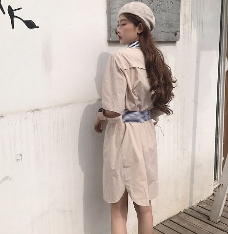 レディース　ワンピース　シャツ　5分袖　膝上　ストライプ　ベルト付　春　夏　カジュアル　フェミニン　キュート　可愛い　おしゃれ　セクシー　普段着　通勤　無地　ベージュ　ホワイト　送料無料