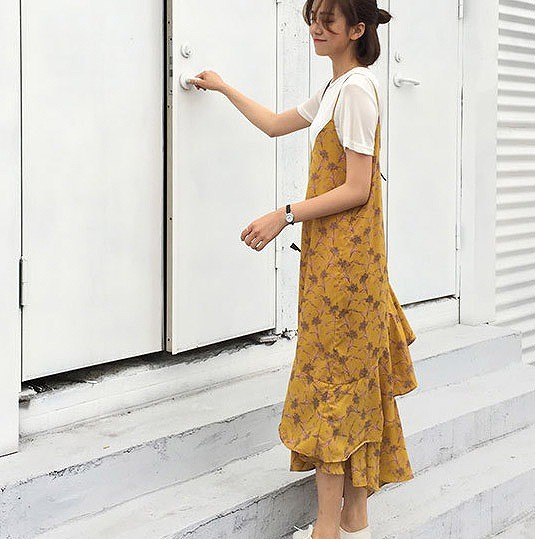 レディース　サロペット　ワンピース　スカート　オールインワン　ノースリーブ　フィッシュテール　フレア　ドレープ　ミモレ丈　花柄　フェミニン　キュート　可愛い　普段着　おしゃれ　セクシー　送料無料