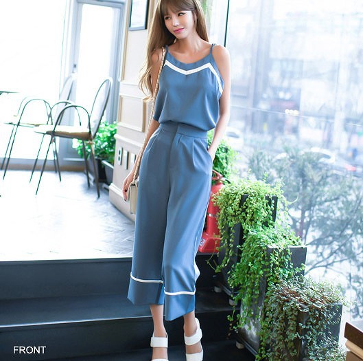レディース　セットアップ　ボトムス　ワイド　パンツ　キャミソール　クロップドパンツ　無地　カジュアル　フェミニン　シンプル　通勤　OL　普段着　お出かけ　デート　ブルー　送料無料