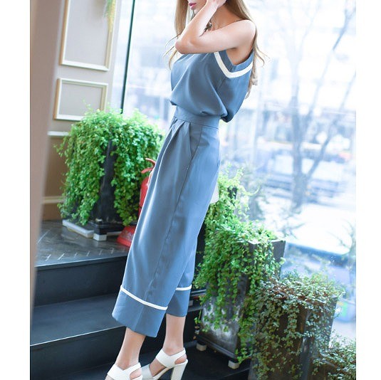 レディース　セットアップ　ボトムス　ワイド　パンツ　キャミソール　クロップドパンツ　無地　カジュアル　フェミニン　シンプル　通勤　OL　普段着　お出かけ　デート　ブルー　送料無料