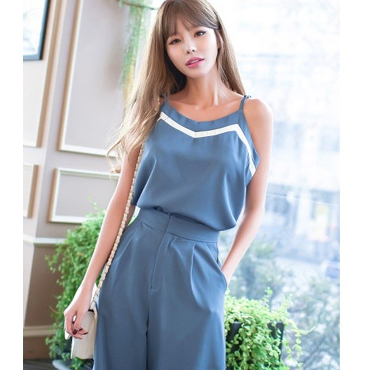 レディース　セットアップ　ボトムス　ワイド　パンツ　キャミソール　クロップドパンツ　無地　カジュアル　フェミニン　シンプル　通勤　OL　普段着　お出かけ　デート　ブルー　送料無料