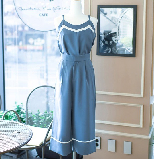 レディース　セットアップ　ボトムス　ワイド　パンツ　キャミソール　クロップドパンツ　無地　カジュアル　フェミニン　シンプル　通勤　OL　普段着　お出かけ　デート　ブルー　送料無料