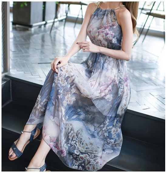 レディース　ワンピース　スカート　ノースリーブ　シフォン　ホルターネック　フレア　ロング　花柄　春　夏　カジュアル　フェミニン　キュート　可愛い　おしゃれ　セクシー　送料無料