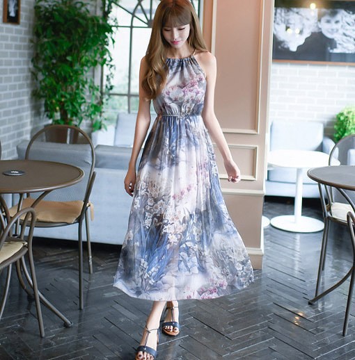 レディース　ワンピース　スカート　ノースリーブ　シフォン　ホルターネック　フレア　ロング　花柄　春　夏　カジュアル　フェミニン　キュート　可愛い　おしゃれ　セクシー　送料無料