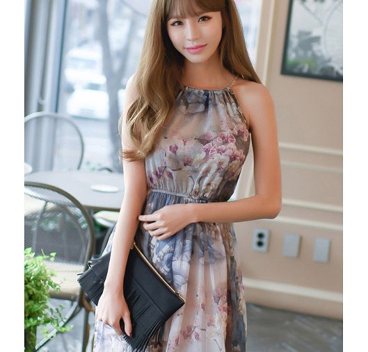 レディース　ワンピース　スカート　ノースリーブ　シフォン　ホルターネック　フレア　ロング　花柄　春　夏　カジュアル　フェミニン　キュート　可愛い　おしゃれ　セクシー　送料無料