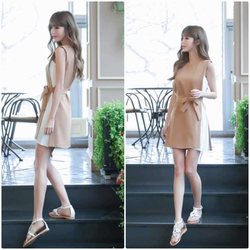 レディース　ワンピース　ノースリーブ　無地　ラウンドネック　膝上丈　リボン　春夏　大人カジュアル　フェミニン　大きいサイズ　シンプル　エレガント　上品　清楚　お嬢様風　女子会　お出かけ　デート　ベージュ　送料無料