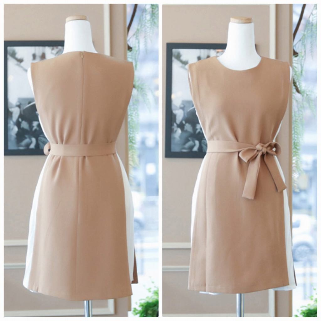 レディース　ワンピース　ノースリーブ　無地　ラウンドネック　膝上丈　リボン　春夏　大人カジュアル　フェミニン　大きいサイズ　シンプル　エレガント　上品　清楚　お嬢様風　女子会　お出かけ　デート　ベージュ　送料無料