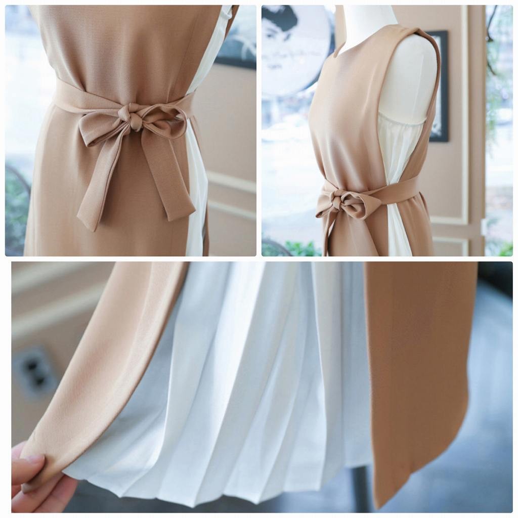 レディース　ワンピース　ノースリーブ　無地　ラウンドネック　膝上丈　リボン　春夏　大人カジュアル　フェミニン　大きいサイズ　シンプル　エレガント　上品　清楚　お嬢様風　女子会　お出かけ　デート　ベージュ　送料無料
