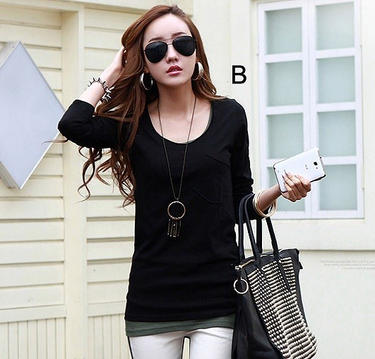 レディース　Ｔシャツ　長袖　ラウンドネック　すっきり　シンプル　おしゃれ　エレガント　カジュアル　お出かけ　デート　デイリー　普段着　全５色　送料無料a