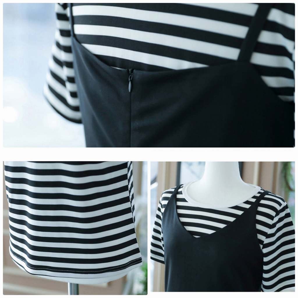 レディース　セットアップ　半袖Tシャツ　カットソー　キャミソールワンピ　ワンピース　膝上丈　ショート丈　ボーダー　無地　春夏　大人カジュアル　フェミニン　大きいサイズ　シンプル　お出かけ　デート　ホワイト×ブラック　送料無料