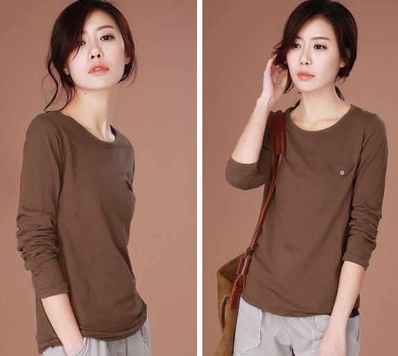 レディース　Ｔシャツ　長袖　ラウンドネック　ビッグヤード　すっきり　シンプル　おしゃれ　エレガント　カジュアル　お出かけ　デート　デイリー　普段着　ピンク　ブラウン　送料無料