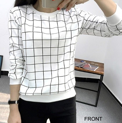 レディース Tシャツ 長袖 ラウンドネック 格子柄 すっきり シンプル おしゃれ エレガント カジュアル お出かけ デート デイリー 普段着 ホワイト 送料無料