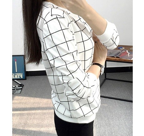 レディース Tシャツ 長袖 ラウンドネック 格子柄 すっきり シンプル おしゃれ エレガント カジュアル お出かけ デート デイリー 普段着 ホワイト 送料無料