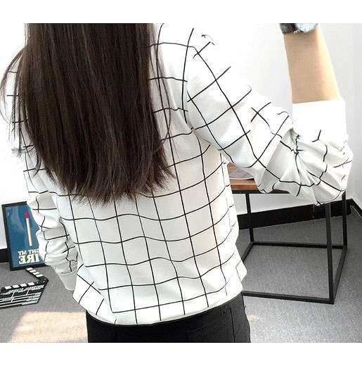 レディース Tシャツ 長袖 ラウンドネック 格子柄 すっきり シンプル おしゃれ エレガント カジュアル お出かけ デート デイリー 普段着 ホワイト 送料無料