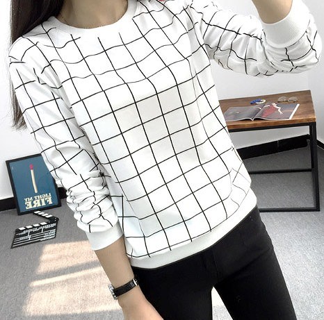 レディース Tシャツ 長袖 ラウンドネック 格子柄 すっきり シンプル おしゃれ エレガント カジュアル お出かけ デート デイリー 普段着 ホワイト 送料無料