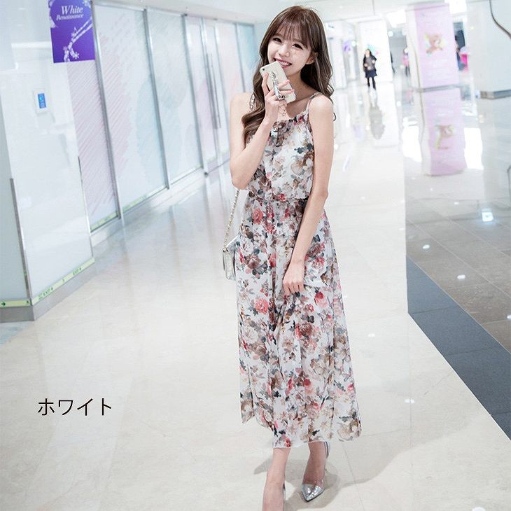 レディース　シフォン　花柄　ワンピース　ロング丈　ドレス　ノースリーブ　人気　春物　夏物　女性　大人　カジュアル　おしゃれ　キュート　可愛い　清楚　上品　きれいめ　エレガント　ファッション　ホワイト　ブラック　S　M　L　XL　サイズ　送料無料
