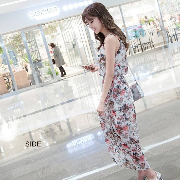 レディース　シフォン　花柄　ワンピース　ロング丈　ドレス　ノースリーブ　人気　春物　夏物　女性　大人　カジュアル　おしゃれ　キュート　可愛い　清楚　上品　きれいめ　エレガント　ファッション　ホワイト　ブラック　S　M　L　XL　サイズ　送料無料