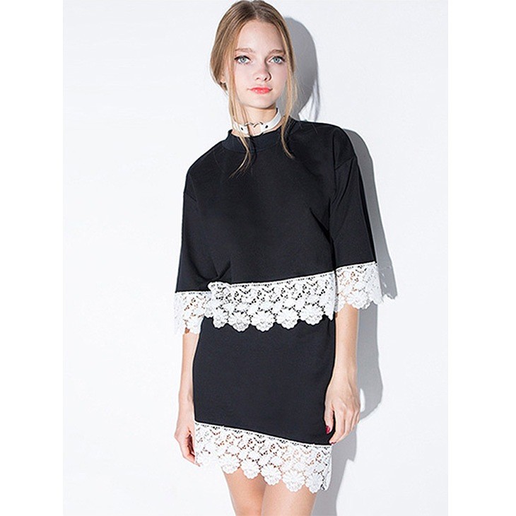 レディース　ワンピース　レース　切り替え　5分袖　無地　膝上丈　シンプル　カジュアル　大きいサイズ　大人可愛い　上品　エレガント　シック　フェミニン　デート　お出かけ　デイリー　ブラック　送料無料