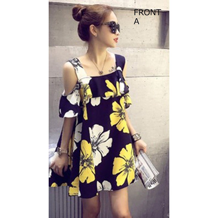 レディース　花柄　フレア　ワンピース　ショルダーカット　ミニ丈　ひざ上丈　セミショート丈　スカート　ボトムス　人気　春物　夏物　美脚　脚長　美シルエット　女性　大人　カジュアル　おしゃれ　ファッション　フリーサイズ　ワンサイズ　送料無料