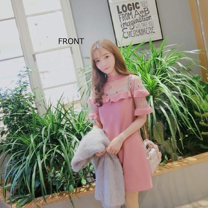 レディース　花柄　刺繍　透け感　ワンピース　フレア　セミショート丈　ミニ丈　トップス　ボトムス　人気　春物　夏物　女性　大人　カジュアル　上品　可愛い　おしゃれ　フェミニン　ファッション　ピンク　オフホワイト　ブラック　S　M　サイズ　送料無料