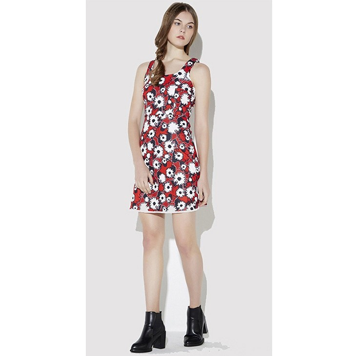 レディース　ワンピース　Aライン　ノースリーブ　花柄　フラワー　膝上丈　春夏　シンプル　カジュアル　大きいサイズ　大人可愛い　キュート　フェミニン　リゾート　ビーチ　デート　お出かけ　デイリー　レッド　送料無料