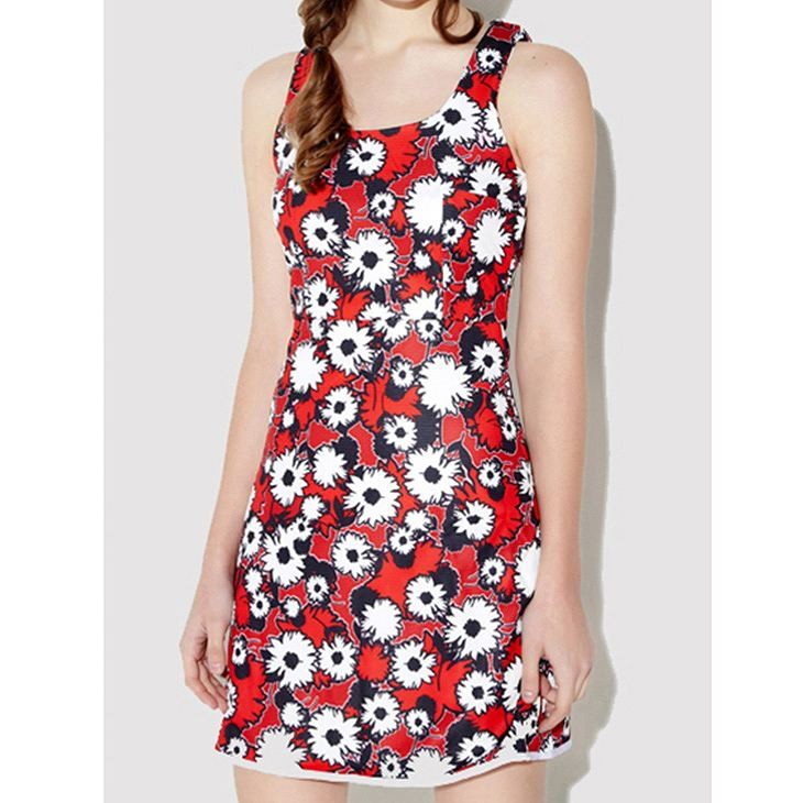 レディース　ワンピース　Aライン　ノースリーブ　花柄　フラワー　膝上丈　春夏　シンプル　カジュアル　大きいサイズ　大人可愛い　キュート　フェミニン　リゾート　ビーチ　デート　お出かけ　デイリー　レッド　送料無料