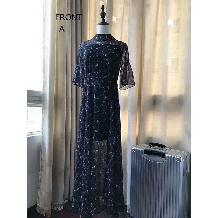 レディース　花柄　透け感　ワンピース　フレアスリーブ　ロング丈　トップス　ボトムス　人気　春物　夏物　女性　大人　カジュアル　可愛い　フェミニン　きれいめ　エレガント　清楚　上品　おしゃれ　ファッション　ブラック　S　M　サイズ　送料無料