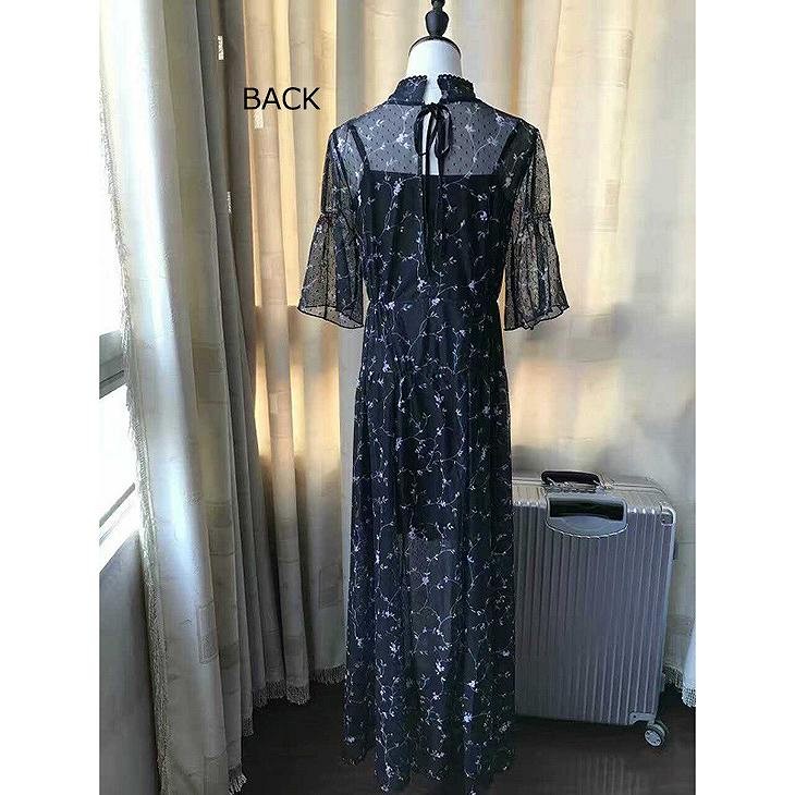 レディース　花柄　透け感　ワンピース　フレアスリーブ　ロング丈　トップス　ボトムス　人気　春物　夏物　女性　大人　カジュアル　可愛い　フェミニン　きれいめ　エレガント　清楚　上品　おしゃれ　ファッション　ブラック　S　M　サイズ　送料無料