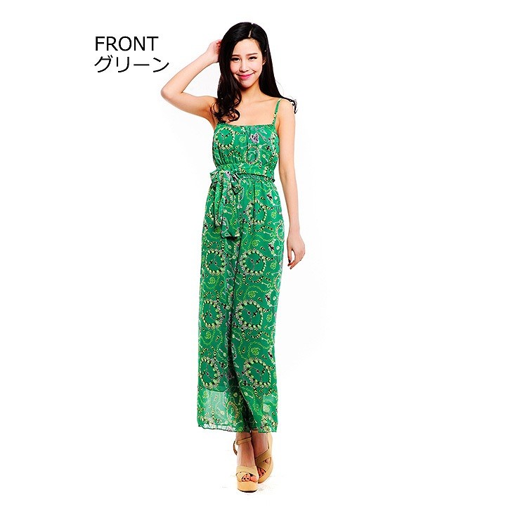レディース　シフォン　キャミソール　ワイドレッグパンツ　サロペット　ジャンプスーツ　トップス　ボトムス　人気　春物　夏物　女性　大人　カジュアル　可愛い　フェミニン　エレガント　おしゃれ　ファッション　グリーン　フリーサイズ　ワンサイズ　送料無料