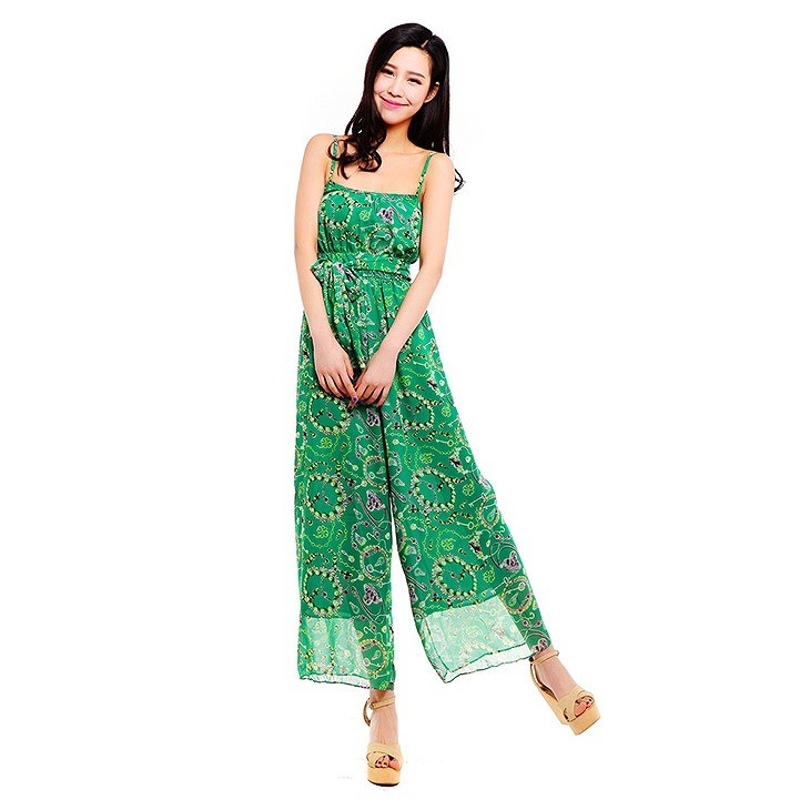 レディース　シフォン　キャミソール　ワイドレッグパンツ　サロペット　ジャンプスーツ　トップス　ボトムス　人気　春物　夏物　女性　大人　カジュアル　可愛い　フェミニン　エレガント　おしゃれ　ファッション　グリーン　フリーサイズ　ワンサイズ　送料無料