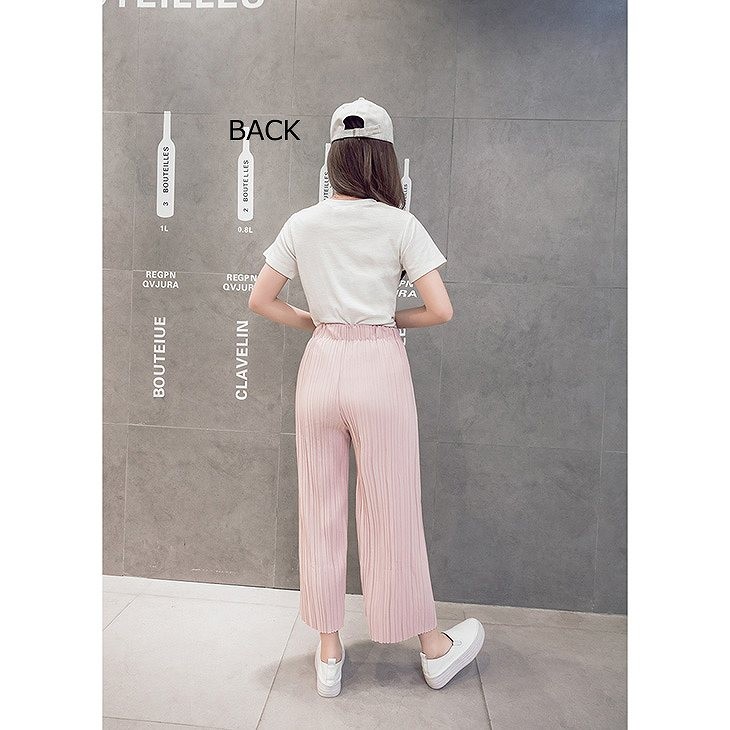 レディース　シフォン　プリーツ　ワイドレッグパンツ　クロップド　半端丈　7分丈　ボトムス　人気　春物　夏物　女性　大人　カジュアル　可愛い　フェミニン　エレガント　おしゃれ　ファッション　グレー　ブラック　ピンク　S　M　L　XL　サイズ　送料無料