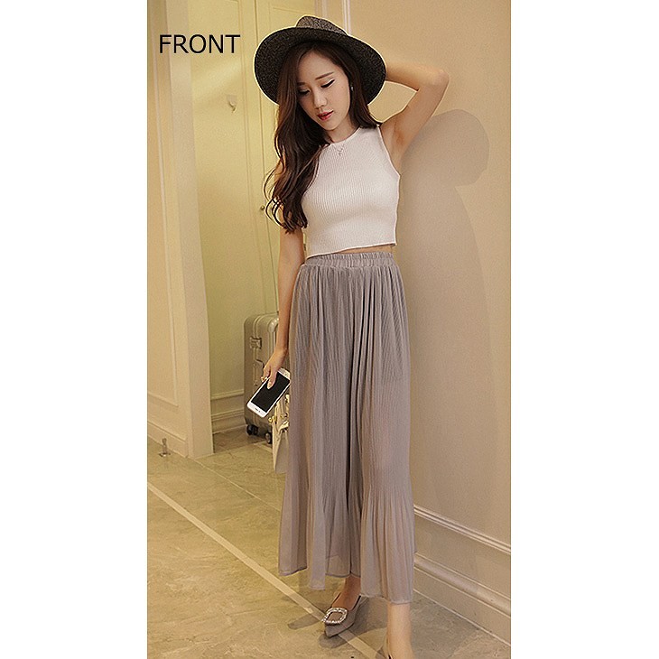 レディース　シフォン　ワイドレッグパンツ　ハイウエスト　プリーツ　クロップド　半端丈　ボトムス　春物　夏物　女性　大人　フェミニン　エレガント　おしゃれ　ファッション　グレー　レッド　ブラック　ピンク　ホワイト　フリーサイズ　ワンサイズ　送料無料