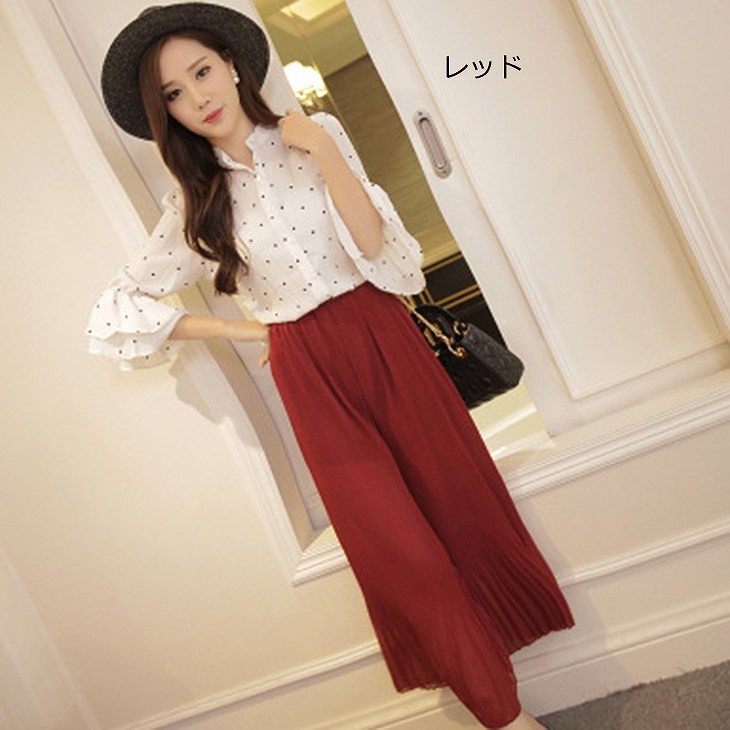 レディース　シフォン　ワイドレッグパンツ　ハイウエスト　プリーツ　クロップド　半端丈　ボトムス　春物　夏物　女性　大人　フェミニン　エレガント　おしゃれ　ファッション　グレー　レッド　ブラック　ピンク　ホワイト　フリーサイズ　ワンサイズ　送料無料