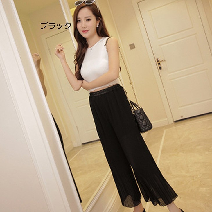 レディース　シフォン　ワイドレッグパンツ　ハイウエスト　プリーツ　クロップド　半端丈　ボトムス　春物　夏物　女性　大人　フェミニン　エレガント　おしゃれ　ファッション　グレー　レッド　ブラック　ピンク　ホワイト　フリーサイズ　ワンサイズ　送料無料