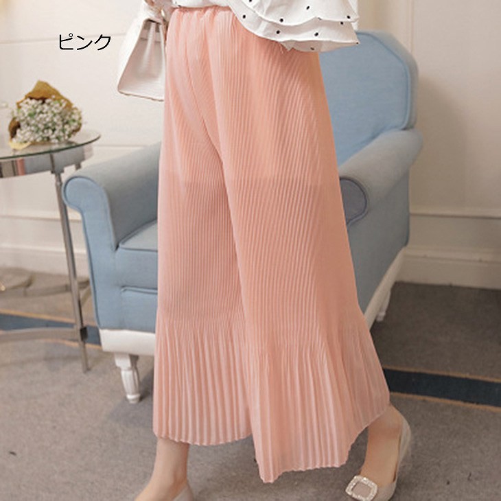 レディース　シフォン　ワイドレッグパンツ　ハイウエスト　プリーツ　クロップド　半端丈　ボトムス　春物　夏物　女性　大人　フェミニン　エレガント　おしゃれ　ファッション　グレー　レッド　ブラック　ピンク　ホワイト　フリーサイズ　ワンサイズ　送料無料