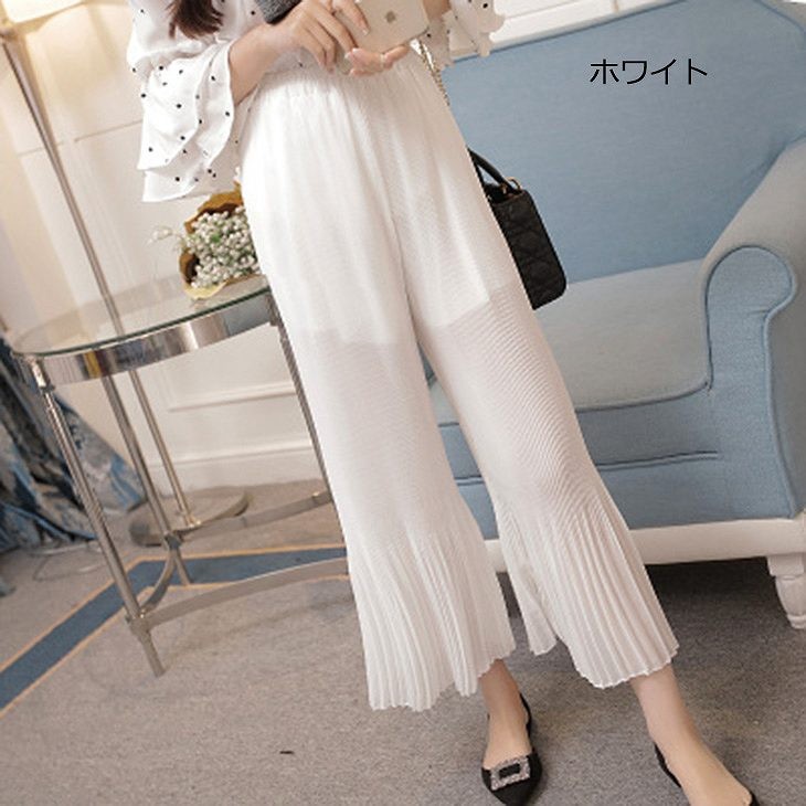 レディース　シフォン　ワイドレッグパンツ　ハイウエスト　プリーツ　クロップド　半端丈　ボトムス　春物　夏物　女性　大人　フェミニン　エレガント　おしゃれ　ファッション　グレー　レッド　ブラック　ピンク　ホワイト　フリーサイズ　ワンサイズ　送料無料