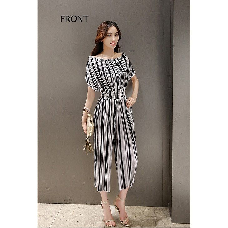 レディース　シフォン　ストライプ　オールインワン　サロペット　ワイドレッグパンツ　半袖　トップス　ボトムス　人気　春物　夏物　女性　大人　カジュアル　フェミニン　エレガント　おしゃれ　ファッション　ブラック　ブルー　S　M　L　XL　XXL　サイズ　送料無料