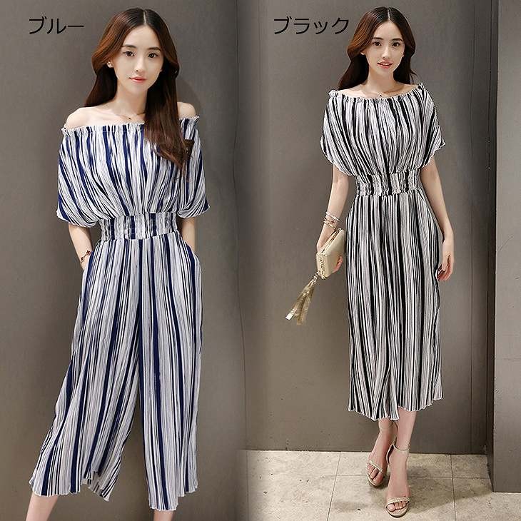 レディース　シフォン　ストライプ　オールインワン　サロペット　ワイドレッグパンツ　半袖　トップス　ボトムス　人気　春物　夏物　女性　大人　カジュアル　フェミニン　エレガント　おしゃれ　ファッション　ブラック　ブルー　S　M　L　XL　XXL　サイズ　送料無料