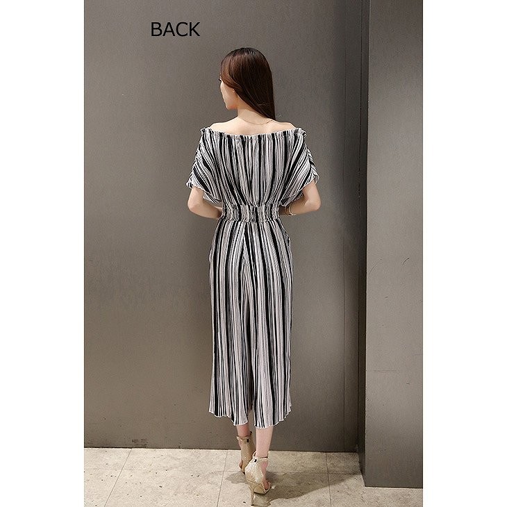 レディース　シフォン　ストライプ　オールインワン　サロペット　ワイドレッグパンツ　半袖　トップス　ボトムス　人気　春物　夏物　女性　大人　カジュアル　フェミニン　エレガント　おしゃれ　ファッション　ブラック　ブルー　S　M　L　XL　XXL　サイズ　送料無料
