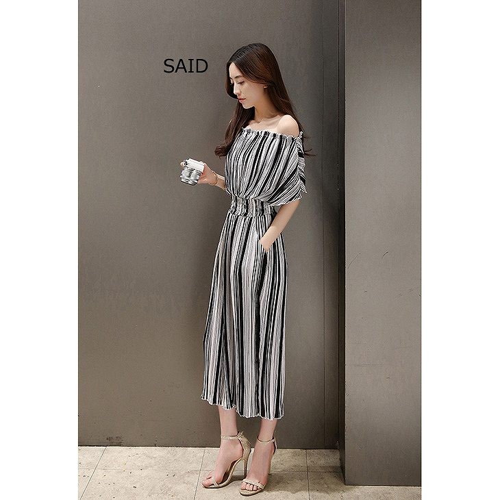 レディース　シフォン　ストライプ　オールインワン　サロペット　ワイドレッグパンツ　半袖　トップス　ボトムス　人気　春物　夏物　女性　大人　カジュアル　フェミニン　エレガント　おしゃれ　ファッション　ブラック　ブルー　S　M　L　XL　XXL　サイズ　送料無料