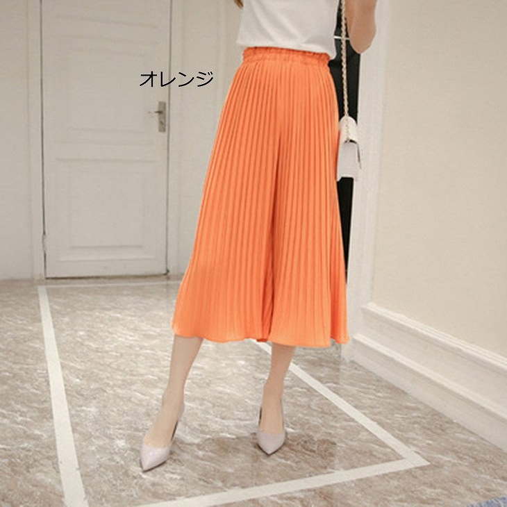 レディース　シフォン　ワイドレッグパンツ　ハイウエスト　プリーツ　クロップド　半端丈　ボトムス　春物　夏物　女性　大人　フェミニン　エレガント　おしゃれ　ホワイト　グレー　オレンジ　ピンク　イエロー　ブラック　フリーサイズ　ワンサイズ　送料無料