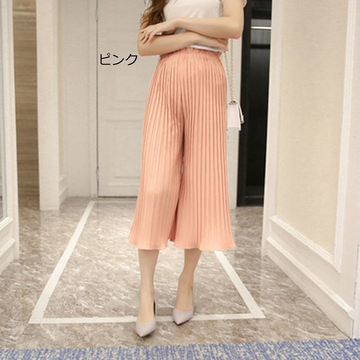レディース　シフォン　ワイドレッグパンツ　ハイウエスト　プリーツ　クロップド　半端丈　ボトムス　春物　夏物　女性　大人　フェミニン　エレガント　おしゃれ　ホワイト　グレー　オレンジ　ピンク　イエロー　ブラック　フリーサイズ　ワンサイズ　送料無料